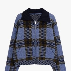 Blue Check Zip-Front Women's Sweater Jacket